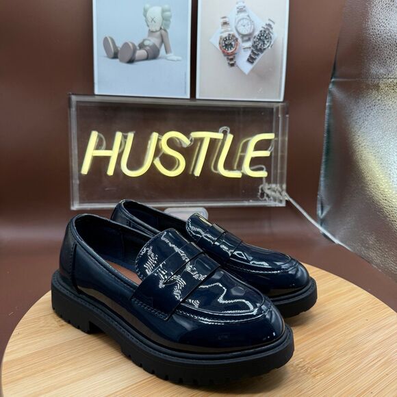 Polo Ralph Lauren Wellsley Navy Blue Patent Faux-Leather Loafer Size kids 13 - Picture 1 of 10